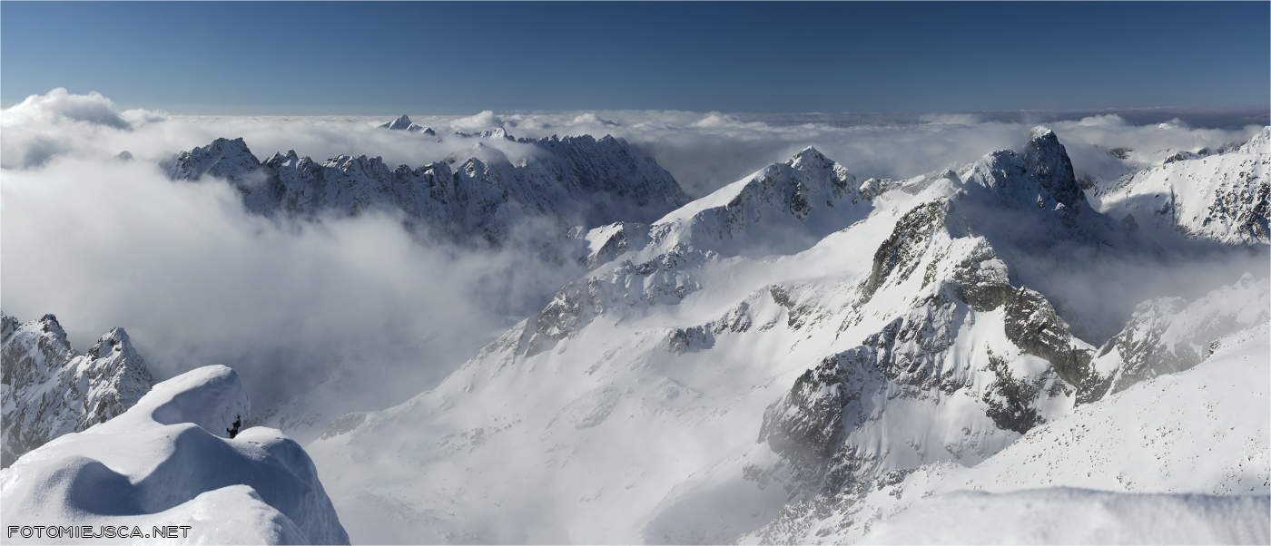 Szatan Koprowy Mięguszowiecki Szczyt panorama ze szczytu Ciężki Szczyt Tatry Wysokie zimą 